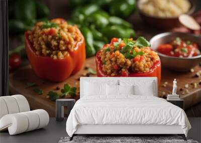 'quinoa stuffed peppers wooden board background calorie cereal closeup cook cookery culinary delicious diet dietary dieting eat food fresh gastronomy epicure healthy homemade ingredient meal natural' Wall mural