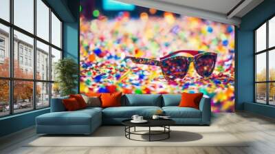 'Sonnenbrillen 3 funky fr?hliche confetti Partystimmung. crazy Konfetti Papageien party celebrate parrot vogel bird karaoke sing flier event animal carnival birthday holiday confett' Wall mural