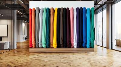 background white shirts colored various Pile isolated colors rainbow colorful tshirts cotton fabric new fresh many row panorama wide shirt t-shirt colourful fashion casual attire laundry clothes Wall mural