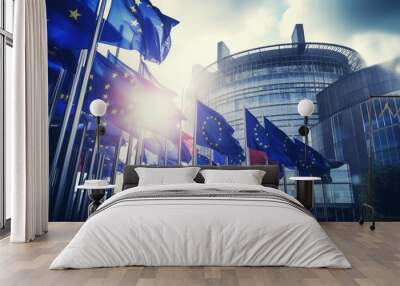 Brus building Parliament European front waving flags EU europa flag union commission brussels government summit belgium community business architecture euro background office law economy Wall mural