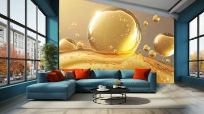 golden yellow Bubbles oil collagen serum Molecule cosmetic product 3d rendering fuel natural crude gasoline liquid power background olive gold nature dripped pour organic concept water ingredient Wall mural