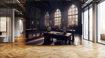 hogwarts castle school witchcraft wizardry classroom old wizard room dark interior fantasy background dramatic gothic scene style magic creepy background  illustration Wall mural