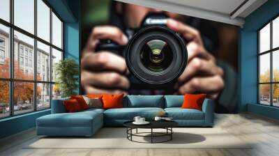 lens photographing concept camera take articles photographer camera professionally man holding hand snapshot looking pictures Wall mural