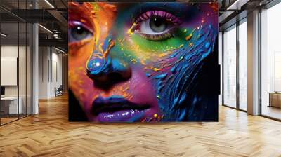 portrait uv close adult art background beautiful beauty black blue colourful creative dark disco face fashion female fluorescent girl glow glowing green light constructed make-up model neon paint Wall mural