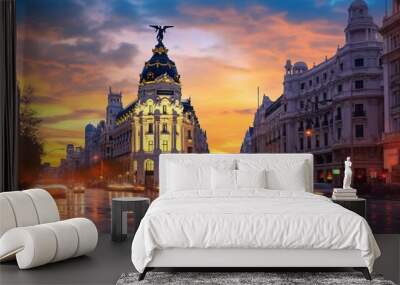 spain twilight street gran skyline city madrid sunset europa night landscape famous traffic view light architecture landmark metropolis evening place downtown travel spanish building scene Wall mural