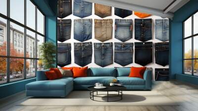 white isolated pocket jeans fferent collection jean denim fabric material pant blue abstract back background bright buttons canvas casual attire closeup clothes clothing colours concept cotton Wall mural