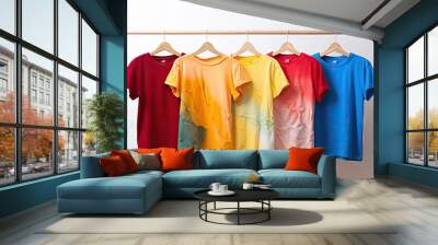 white tshirts colorful t-shirt blue red clothes line yellow clothespin sleeve apparel rack singlet h Wall mural