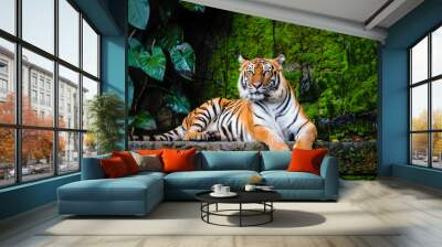 beautiful bengal tiger with lush green habitat background Wall mural