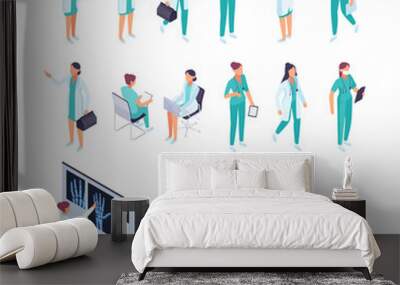 Isometric doctors set. 3d female doctors in different poses, therapist, radiologist, nurse. Isometric people in flat style. Vector illustration. Wall mural