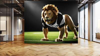 Animated illustration of a muscular male lion mascot wearing a black and white shirt and a scary face in the middle of a stadium field Wall mural