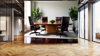 illustration of a company business meeting room with tables and chairs neatly arranged on a white square carpet, and decorated with ornamental plants in two corners of the room Wall mural