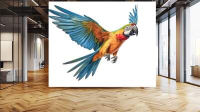 Colorful flying parrot isolated on white. Generative AI technology. Wall mural