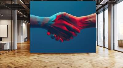 Digital handshake on blue background. Wall mural