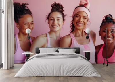 Fitness girl friends and confidence portrait with fitness workout and sport training gear in studio Women diversity and group with pink background and smile with exercise and body wellness. Wall mural