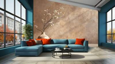 Interior background of room with brown stucco wall and vase with branch 3d rendering. Wall mural