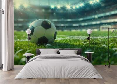 Soccer ball on the field of stadium. Wall mural