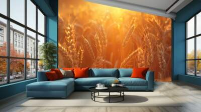 Spikes of ripe rye in sun close-up with soft focus. Ears of golden wheat. Beautiful cereals field in nature on sunset, panoramic landscape, shining sunlight, copy space. Wall mural