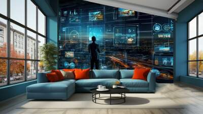 Technology industrial business process workflow organisation structure on virtual screen, IOT smart industry concept mixed media diagram, touch transparent screen. Generative AI technology. Wall mural