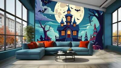 Halloween background a spooky night scene featuring a Halloween house with full moon. Generative AI. Wall mural