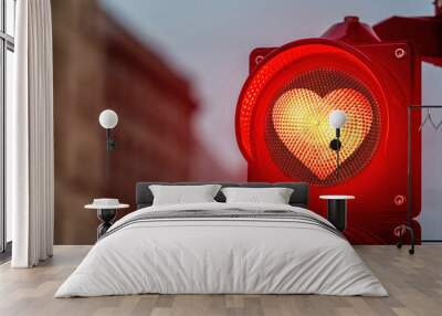 A city crossing with a semaphore,  traffic light with red heart-shape in semaphore Wall mural