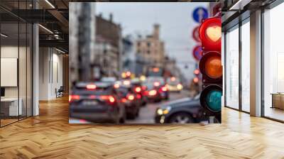 A city crossing with a semaphore,  traffic light with red heart-shape in semaphore Wall mural