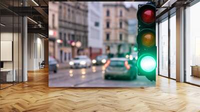 A city crossing with a semaphore. Green light in semaphore Wall mural