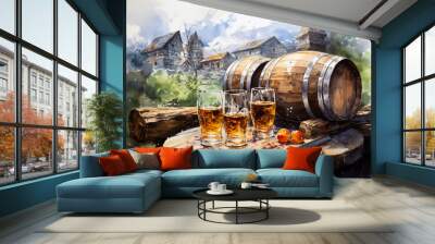 Digital painting of two glasses of whiskey on the table in front of old wooden castle Wall mural