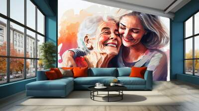 Happy older mature mother and grown millennial daughter smiling embracing, watercolor. Generative ai Wall mural