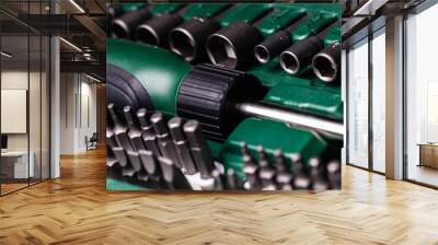 Interchangeable screwdriver set with different types of metal steel heads and bits, closeup Wall mural