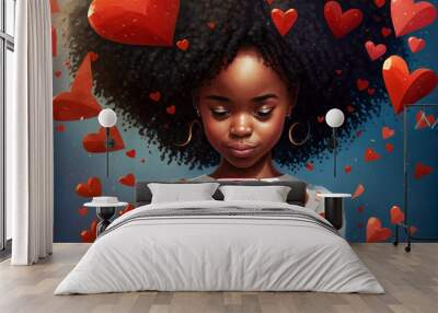 Love mail. African American girl holding smartphone with hearts flying out of it. Generative AI Wall mural