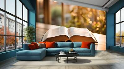 Open Book on Wooden Table With Bokeh Lights Wall mural