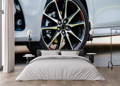 sports car wheels, low profile tires on aluminum rims, closeup Wall mural