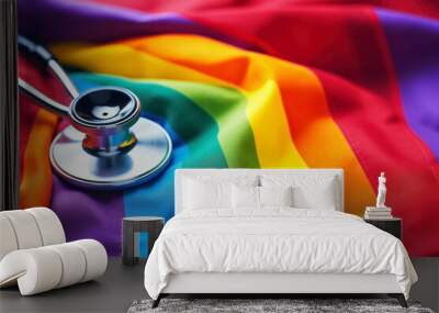 Stethoscope on Vibrant Rainbow Flag Symbolizing LGBTQ+ Health Awareness Wall mural