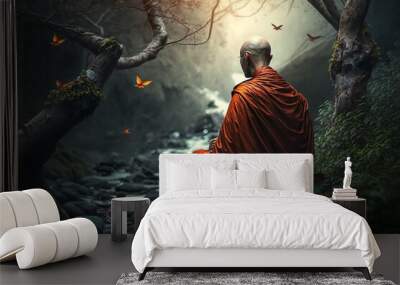 tibetan monk sitting on a stone meditating in a mountain valley, rear view, Generative AI Wall mural