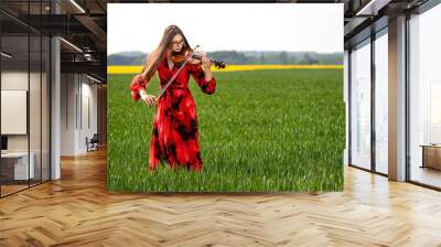 Young woman in red dress playing violin in green meadow - image Wall mural