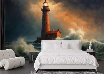 Architecture lighthouse building painting, stormy sea with big waves, nature weather theme concept texture design illustration.
 Wall mural