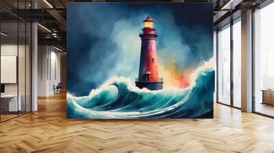 Architecture lighthouse building watercolor painting, stormy sea with big waves, nature weather theme concept texture design illustration.
 Wall mural