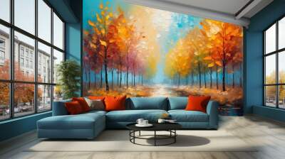 Colorful abstract autumn landscape forest wood trees painting with vibrant colors, seasonal theme concept texture design. Wall mural