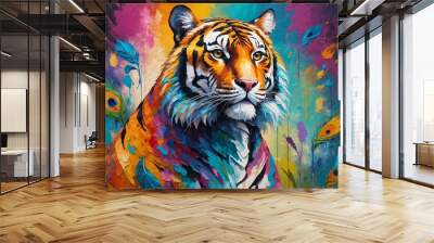 Colorful abstract portrait painting of a woodland forest exotic colorful tiger animal, nature theme concept texture design.
 Wall mural