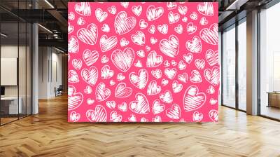 Romantic seamless pattern with cute images of hearts on a white background. The style of children's drawing. Wall mural