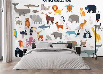 Big collection of wild jungle, savannah and forest animals, birds, marine mammals, fish. Set of cute cartoon characters isolated on white background. Colorful vector illustration in flat style. Wall mural