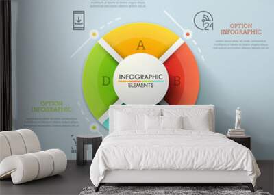 Circular pie chart divided into 4 equal lettered sectors. Concept of round website menu with colorful buttons. Futuristic infographic design layout. Vector illustration for brochure, presentation. Wall mural