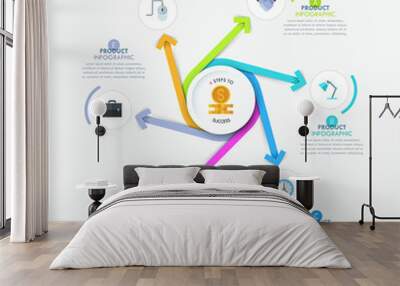 Creative infographic template - 6 multicolored spiral arrows pointing out of center Wall mural