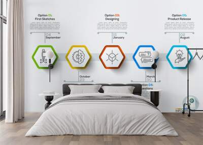 Modern infographics timeline template with 5 white polygons. Wall mural