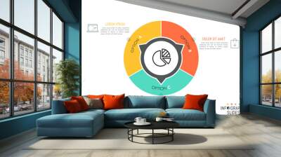 Round diagram divided into 3 lettered parts with arrows pointing at text boxes and thin line icons. Simple infographic design layout. Three options of company development concept. Vector illustration. Wall mural