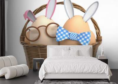 Two Easter Bunny in a basket. 3d illustration Wall mural