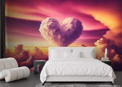 A digital illustration of Heart Cloud abstract on sunset sky background Wall mural