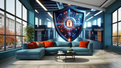 A digital illustration of the laptop has a screen lock in the shape of a shield cyber security, data protection concept. Color blue and cool ambient. Wall mural