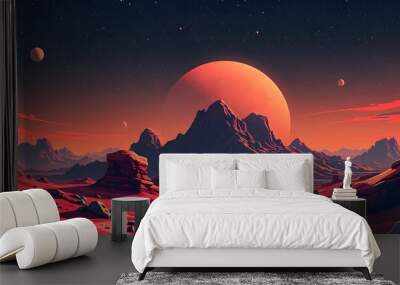 A Red Desert Landscape with a Large Moon and Stars Wall mural