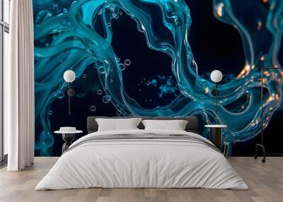 Abstract Blue Liquid with Air Bubbles on Black Background Wall mural